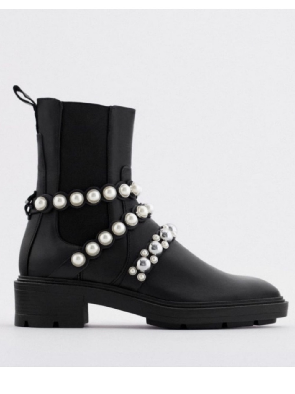 Zara Black Ankle Boots with Silver Pearl & Stud Straps - Picture 3 of 16